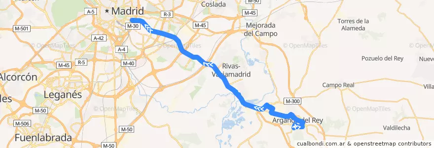 Mapa del recorrido Bus 312A: Arganda (El Mirador por La Poveda)-Madrid (Conde de Casal) de la línea  en マドリード州.