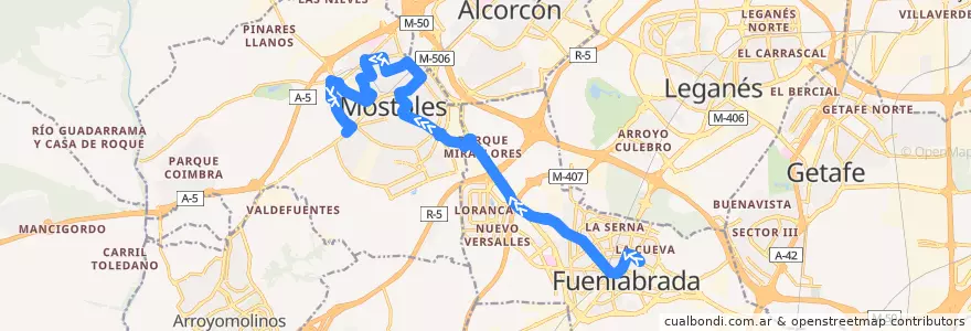 Mapa del recorrido Bus 526: Fuenlabrada - Móstoles de la línea  en Área metropolitana de Madrid y Corredor del Henares.