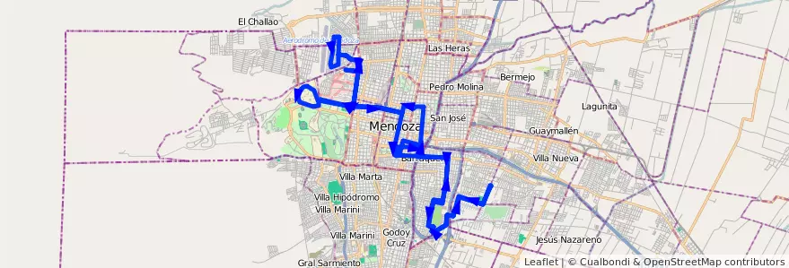 Mapa del recorrido 91 - Bº San Martín - Barrio Viajantes - Casa de Gob. de la línea G07 en Mendoza.