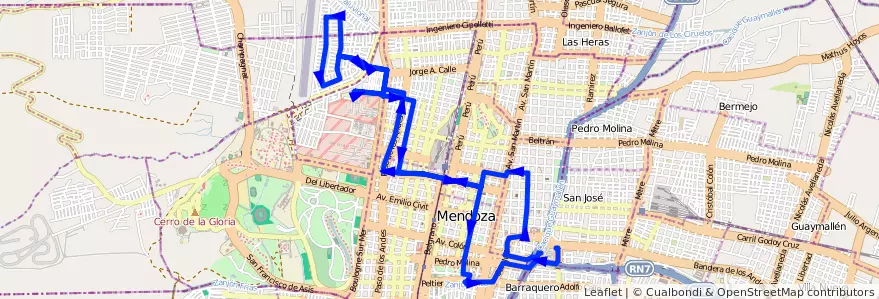 Mapa del recorrido 91 - Bº San Martín de la línea G07 en Ciudad de Mendoza.