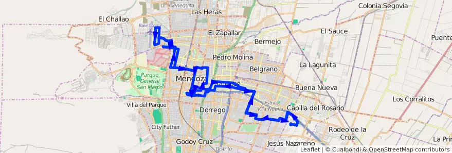 Mapa del recorrido 91 - Bº San Martín - Hospital Notti - Casa de Gob. de la línea G07 en Mendoza.