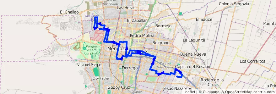 Mapa del recorrido 91 - Bº San Martín - Hospital Notti  de la línea G07 en Mendoza.
