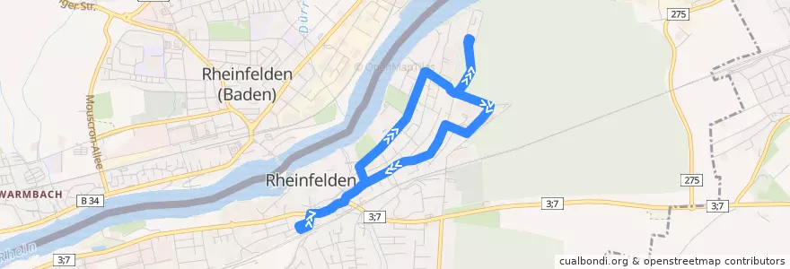 Mapa del recorrido Bus 86: Rheinfelden, Bahnhof => Alte Saline=> Bahnhof de la línea  en Rheinfelden.