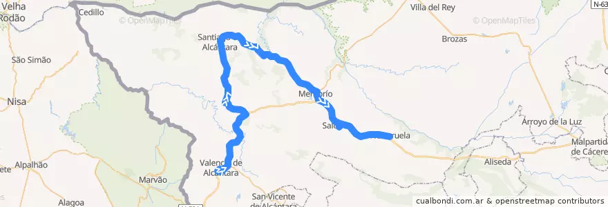 Mapa del recorrido Norbabus JEV-008-5: Valencia de Alcantára => Santiago de Alcántara => Herreruela de la línea  en Valência de Alcântara.
