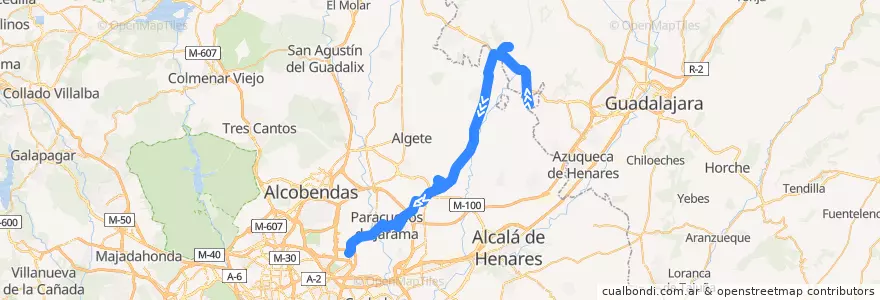 Mapa del recorrido Bus 256: Valdeavero - Daganzo - Madrid de la línea  en منطقة مدريد.