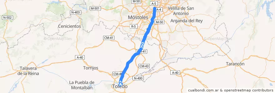 Mapa del recorrido VAC 023: Toledo Madrid de la línea  en İspanya.