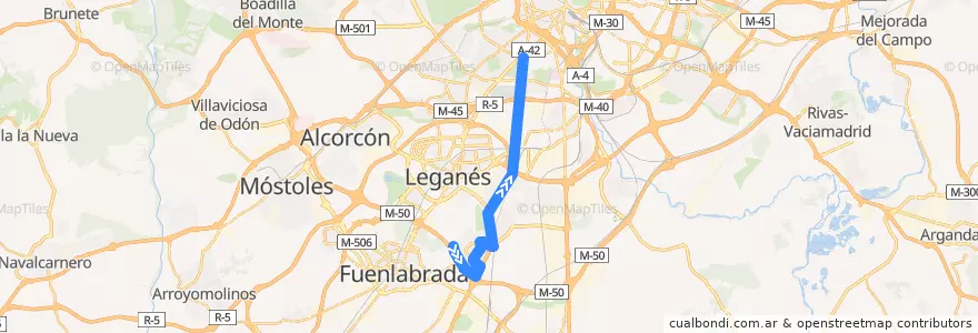 Mapa del recorrido Bus 444: Getafe (Sector III - Islas Canarias) - Madrid (Plaza Elíptica) de la línea  en Área metropolitana de Madrid y Corredor del Henares.