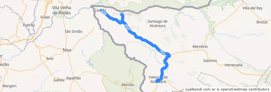 Mapa del recorrido Norbabus JEV-008-3: Cedillo => Valencia de Alcántara de la línea  en Valência de Alcântara.