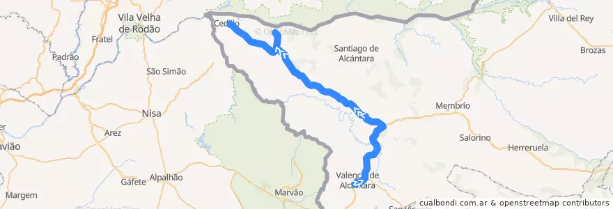 Mapa del recorrido Norbabus JEV-008-3: Valencia de Alcantára => Cedillo de la línea  en Valencia de Alcántara.