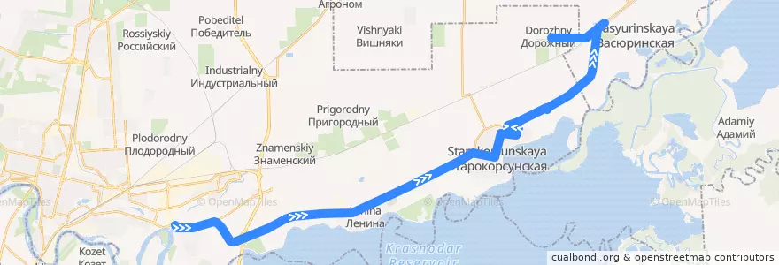 Mapa del recorrido Автобус №114А: Краснодарская ТЭЦ => посёлок Дорожный de la línea  en городской округ Краснодар.