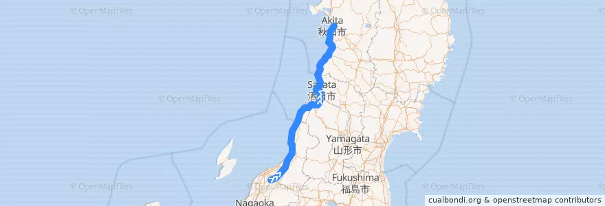 Mapa del recorrido JR羽越線（下り） de la línea  en Giappone.