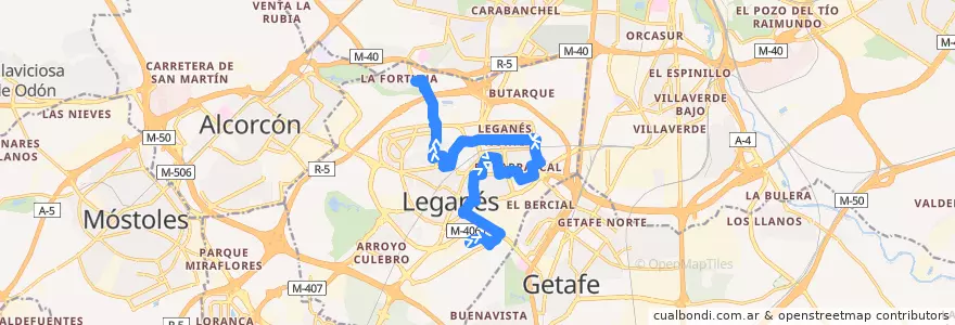 Mapa del recorrido Línea 1 de la línea  en Leganés.
