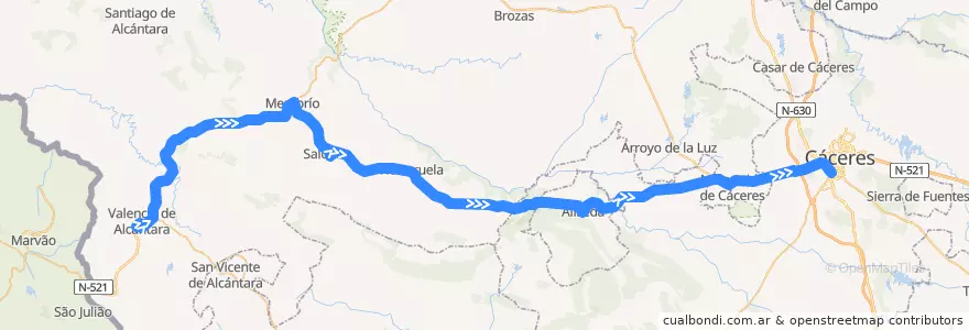 Mapa del recorrido Norbabus JEV-008-1: Valencia de Alcantára => Cáceres de la línea  en Cáceres.