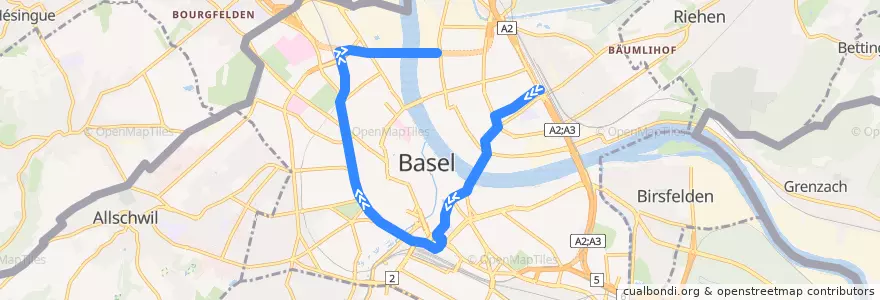 Mapa del recorrido Tram 1: Badischer Bahnhof => Dreirosenbrücke de la línea  en Basel.