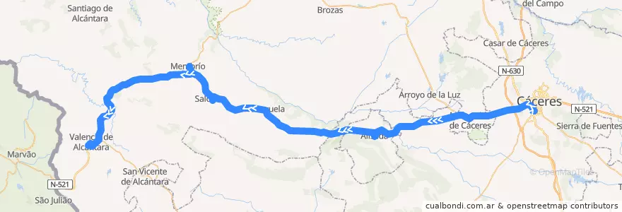 Mapa del recorrido Norbabus JEV-008-1: Cáceres => Valencia de Alcantára de la línea  en قصرش.