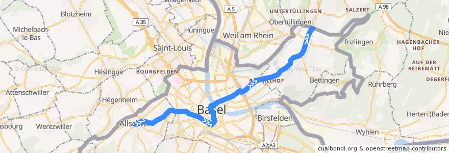 Mapa del recorrido Tram 6: Allschwil Dorf => Riehen Grenze de la línea  en Базель-Штадт.
