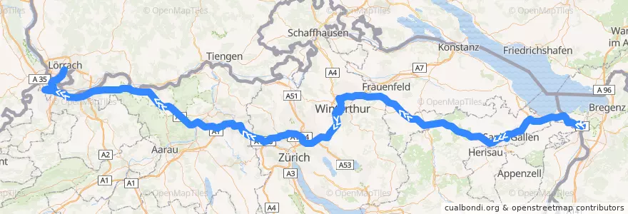 Mapa del recorrido Flixbus 206: München ZOB => Lörrach, Hbf. (Busbahnhof) de la línea  en سوئیس.