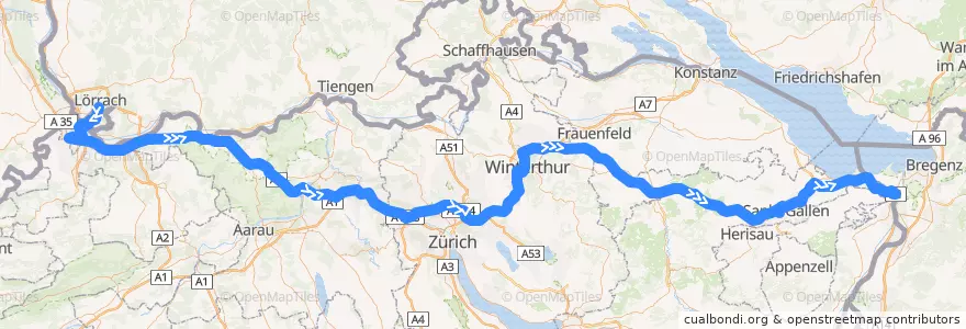 Mapa del recorrido Flixbus 206: Lörrach, Hbf. (Busbf.) => München ZOB de la línea  en 瑞士.