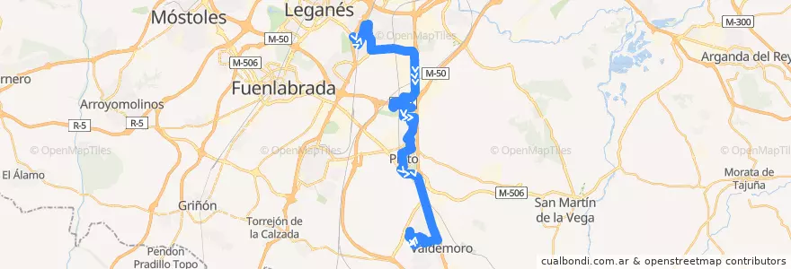 Mapa del recorrido 428: Getafe - Valdemoro (Por R.Almanzora) de la línea  en Área metropolitana de Madrid y Corredor del Henares.