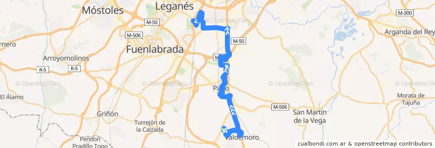 Mapa del recorrido 428: Valdemoro - Getafe de la línea  en منطقة مدريد.