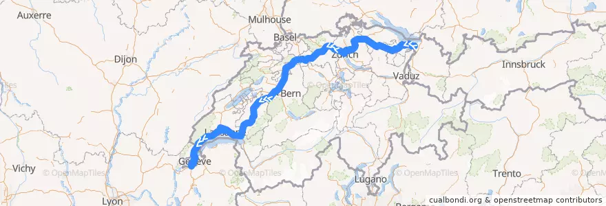 Mapa del recorrido Flixbus N106: München ZOB => Lyon, Perrache de la línea  en Svizzera.
