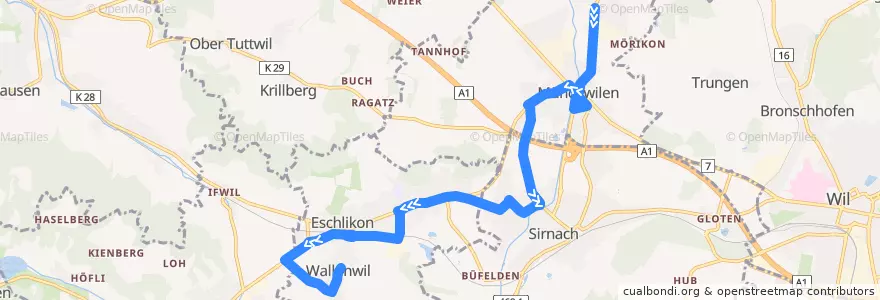 Mapa del recorrido Bus 736: St. Margarethen, Dorf => Wallenwil, Schulhaus de la línea  en Bezirk Münchwilen.