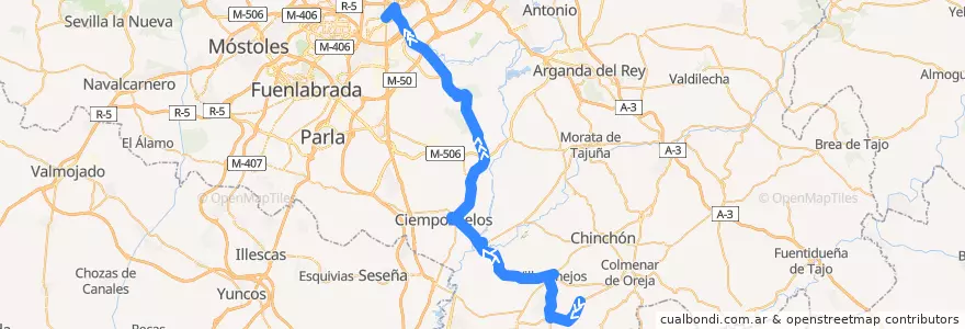 Mapa del recorrido Bus 415: Urb. Vallejeros - Villaconejos - San Martín de la Vega - Madrid de la línea  en Comunidad de Madrid.