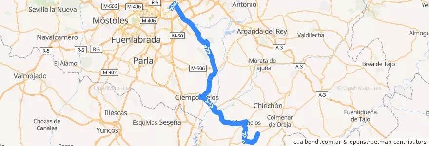 Mapa del recorrido Bus 415: Madrid - San Martín de la Vega - Villaconejos - Urb. Vallejeros de la línea  en マドリード州.