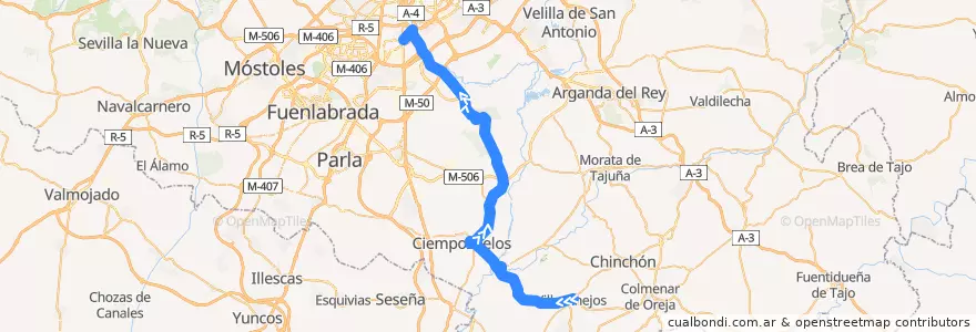 Mapa del recorrido Bus 415: Villaconejos - San Martín de la Vega - Madrid de la línea  en منطقة مدريد.