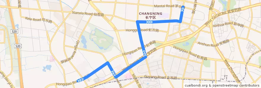 Mapa del recorrido 519 航华新村-安化路凯旋路 de la línea  en Distretto di Changning.