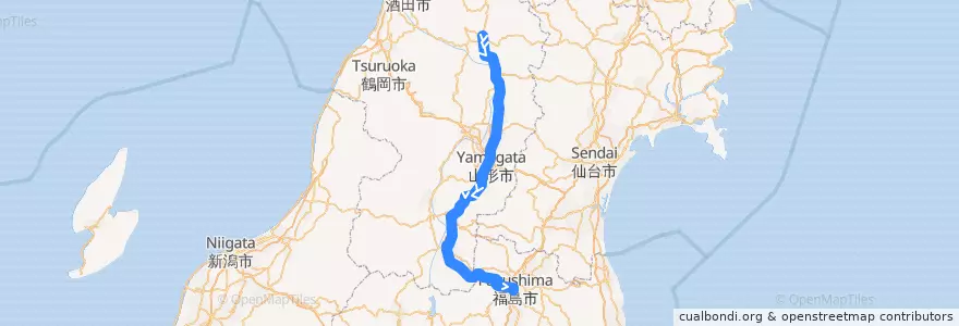 Mapa del recorrido JR奥羽線（上り） de la línea  en Ямагата.
