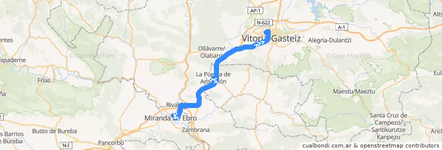 Mapa del recorrido A19 Miranda de Ebro → Rivabellosa → La Puebla de Arganzón → Vitoria-Gasteiz de la línea  en Álava.