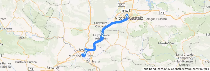 Mapa del recorrido A19 Vitoria-Gasteiz → La Puebla de Arganzón → Rivabellosa → Miranda de Ebro de la línea  en Алава.