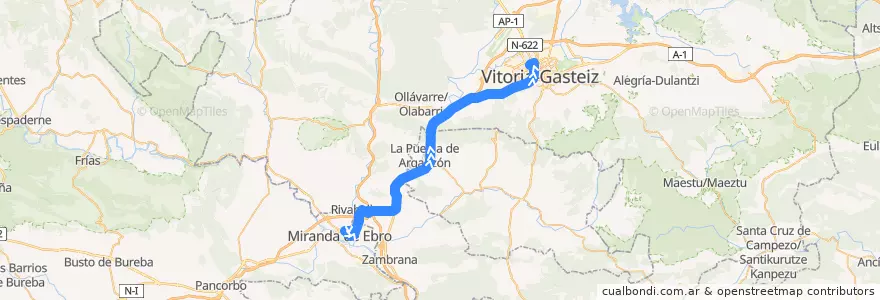 Mapa del recorrido A19 Miranda de Ebro → Rivabellosa → Vitoria-Gasteiz de la línea  en Araba/Álava.
