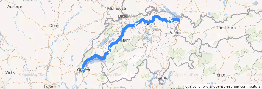 Mapa del recorrido Flixbus N106: Lyon, Perrache => München ZOB de la línea  en Suisse.