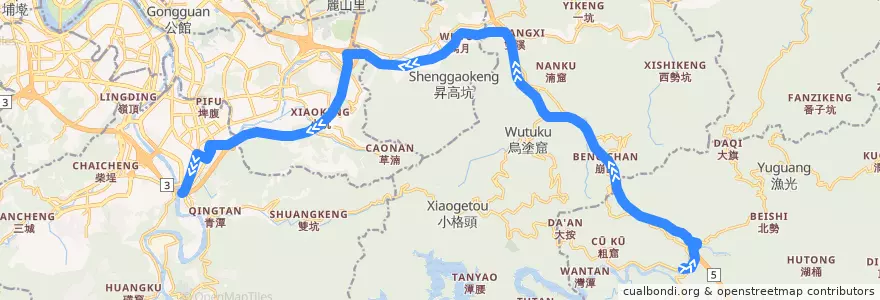Mapa del recorrido 新北市 923 坪林->國道5號、3號->新店 de la línea  en Nuevo Taipéi.
