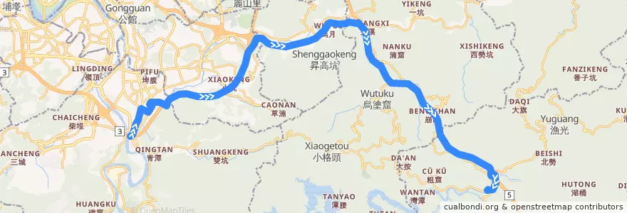 Mapa del recorrido 新北市 923 新店-國道5號、3號->坪林 de la línea  en Nuevo Taipéi.
