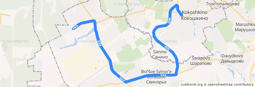 Mapa del recorrido Автобус № 307: посёлок совхоза Крёкшино => платформа Кокошкино de la línea  en поселение Марушкинское.