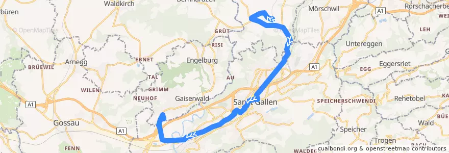Mapa del recorrido Bus 4: Wittenbach, Bahnhof => Abtwil SG, Säntispark de la línea  en Wahlkreis St. Gallen.