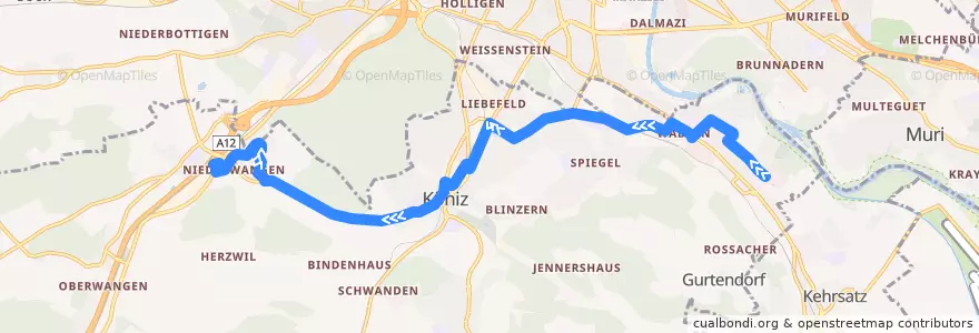 Mapa del recorrido Bus 29: Wabern Lindenweg => Niederwangen Bahnhof [abends] de la línea  en Köniz.