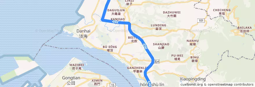 Mapa del recorrido 淡海輕軌 紅樹林-崁頂 (上行) de la línea  en 淡水區.