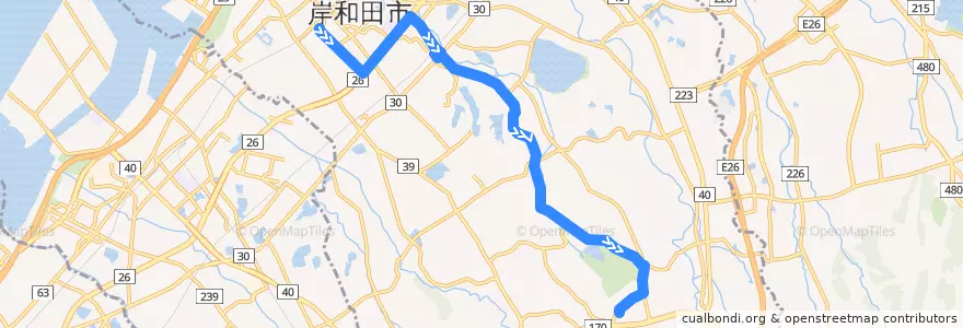 Mapa del recorrido 623: 岸和田駅前-道の駅愛彩ランド de la línea  en 岸和田市.