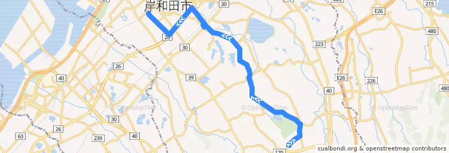 Mapa del recorrido 623: 道の駅愛彩ランド-岸和田駅前 de la línea  en 岸和田市.