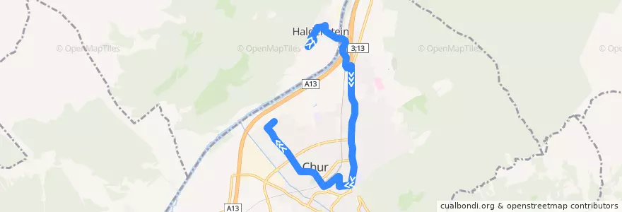 Mapa del recorrido 3: Haldenstein - Austrasse de la línea  en Chur.
