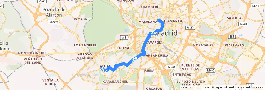 Mapa del recorrido Bus N26: Aluche - Alonso Martínez de la línea  en Madrid.