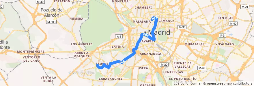 Mapa del recorrido Bus N26: Alonso Martínez - Aluche de la línea  en Madrid.