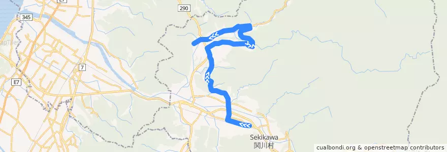 Mapa del recorrido 下関-中束-朴坂 線 de la línea  en 関川村.