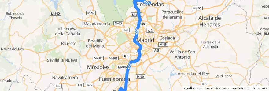 Mapa del recorrido C-4a. Alcobendas - S.S. de los Reyes → Sol → Parla de la línea  en Área metropolitana de Madrid y Corredor del Henares.