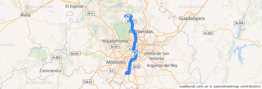 Mapa del recorrido C-4b. Colmenar Viejo → Sol → Parla de la línea  en Área metropolitana de Madrid y Corredor del Henares.