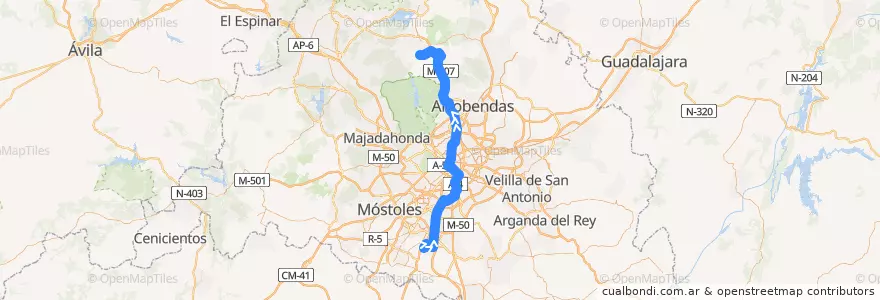 Mapa del recorrido C-4b. Parla → Sol → Colmenar Viejo de la línea  en Área metropolitana de Madrid y Corredor del Henares.